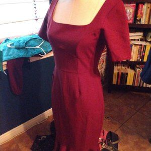 ASOS fitted maxi dress burgundy wiggle career fetish smart XS/S/2/4 Square Neck